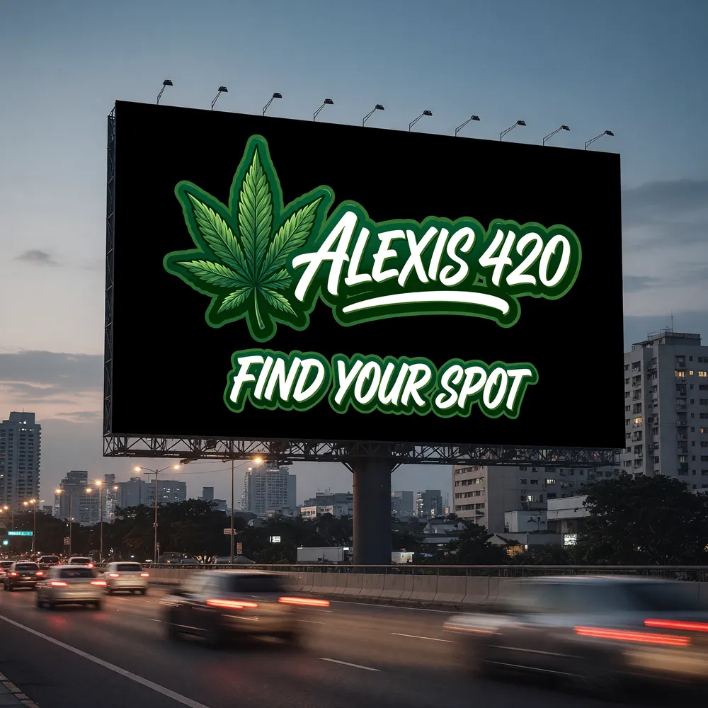 An Alexis 420 billboard over a highway at dusk reading Find your spot