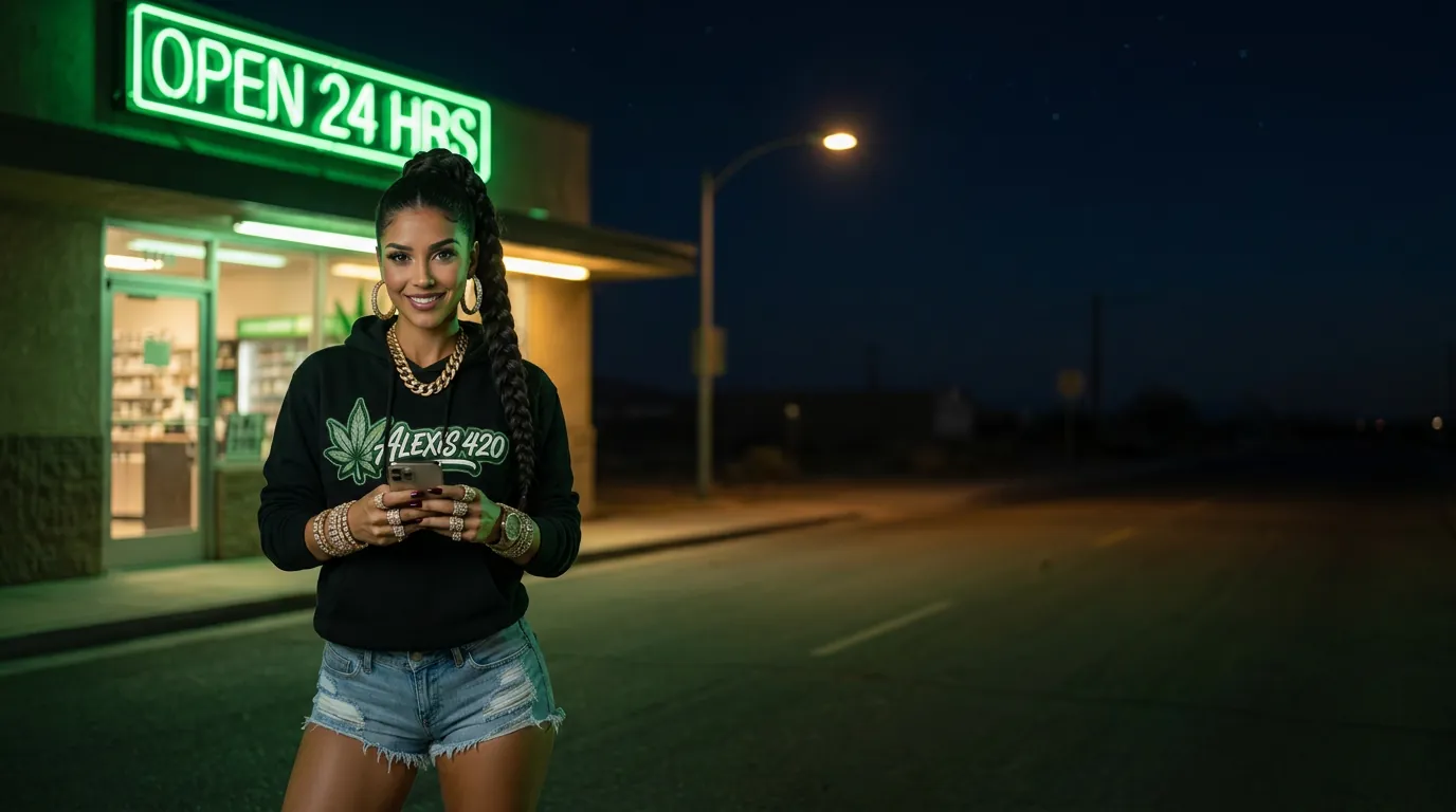 Alexis outside a dispensary with a glowing Open 24 Hrs sign at 3 AM