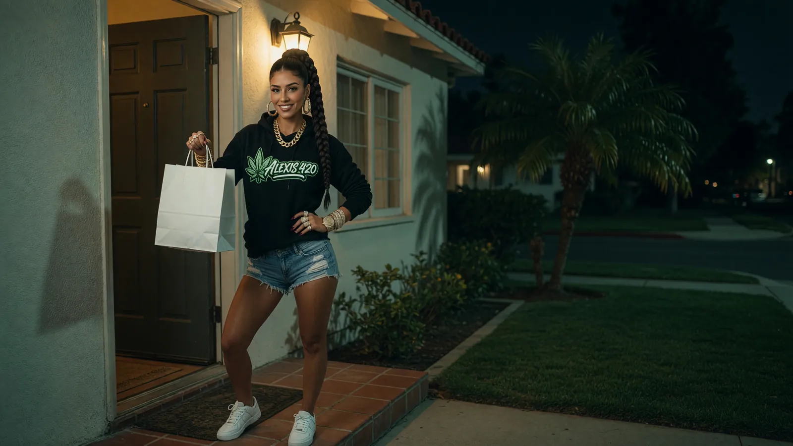 Alexis holding a plain white bag at the door of a stucco bungalow on a Los Angeles night