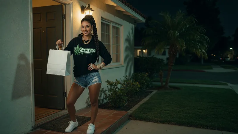Alexis holding a plain white bag at the door of a stucco bungalow on a Los Angeles night