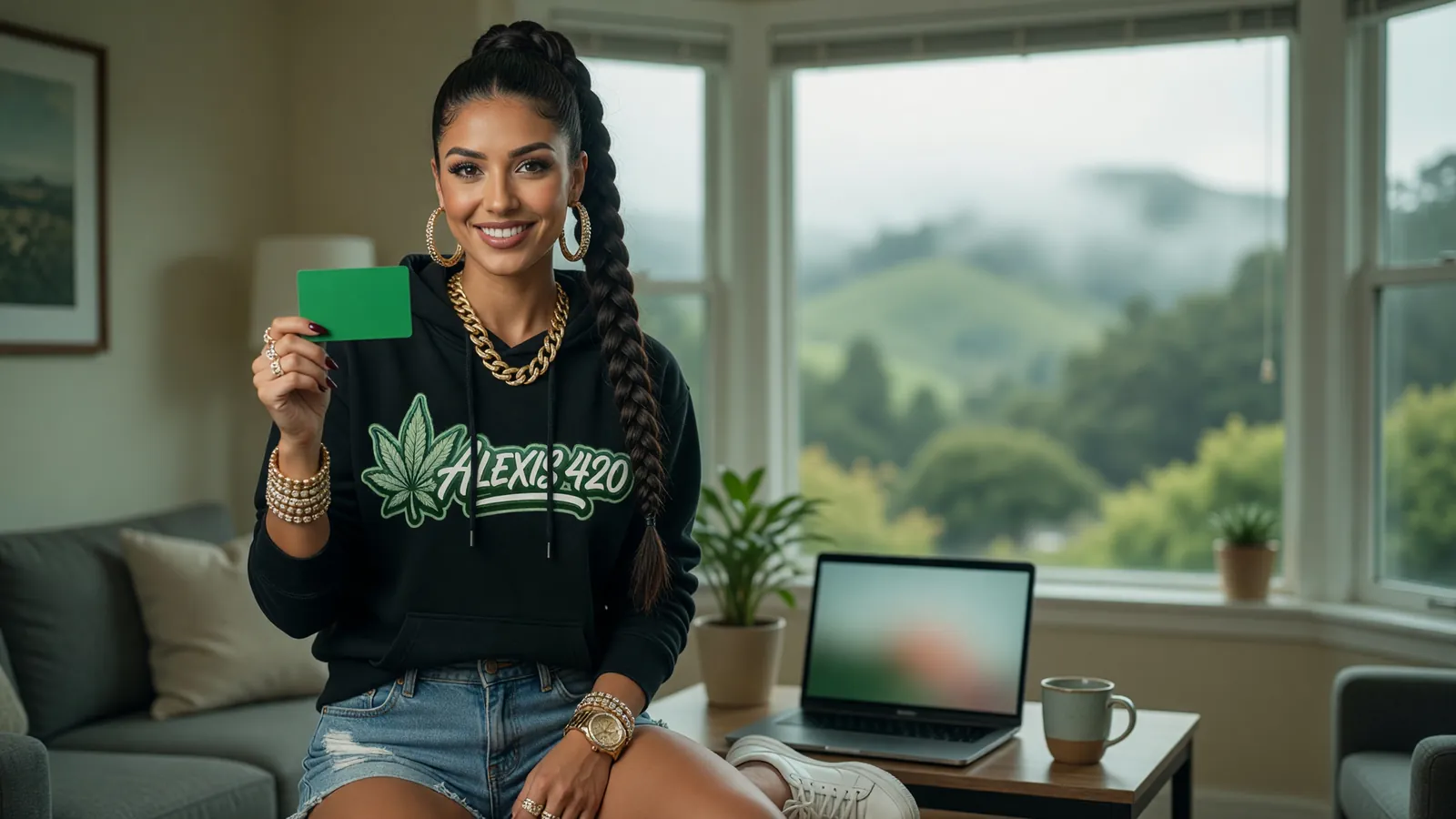 Alexis holding a blank green card in a San Francisco bay-window apartment with fog on the hills