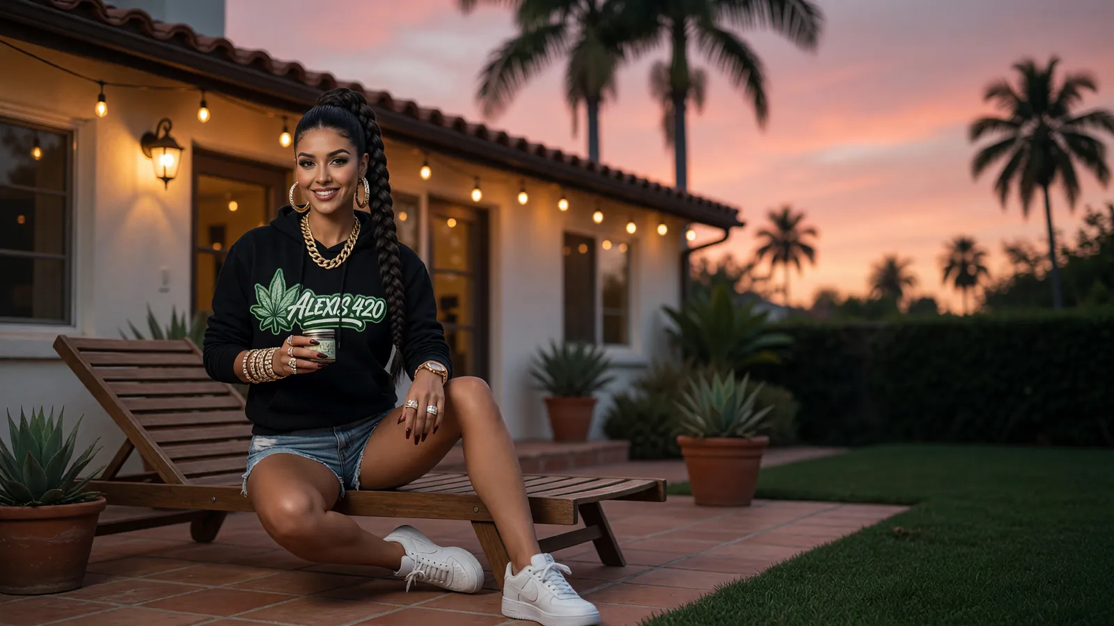 Alexis in a lounge chair on a stucco house's backyard patio at dusk with palm trees