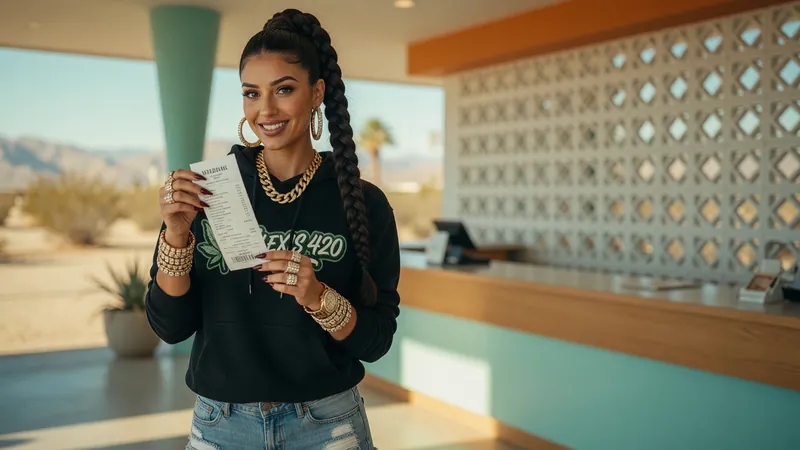 Alexis reading a receipt in a mid-century desert dispensary with a breeze-block wall