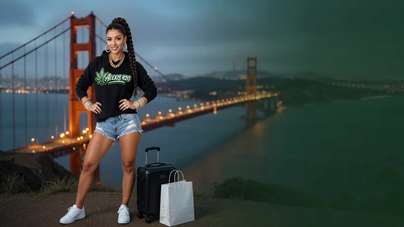 Alexis with a carry-on suitcase at a viewpoint above the Golden Gate at blue hour