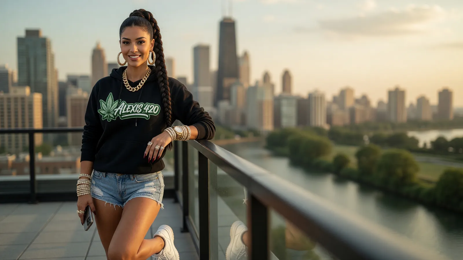Alexis on a Chicago rooftop at golden hour with the skyline behind her