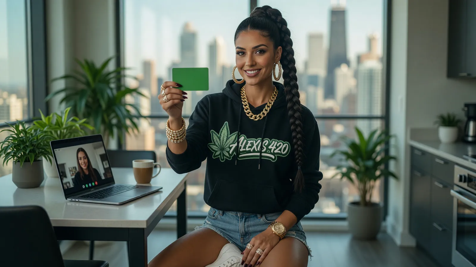 Alexis at a kitchen table holding up a blank green card after a video visit