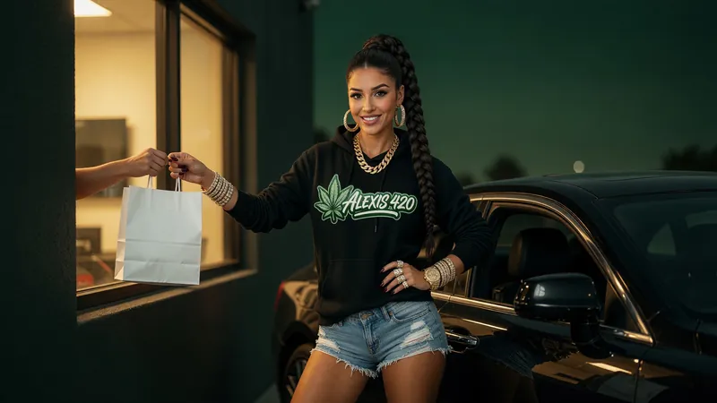 Alexis taking a white paper bag from a dispensary pickup window at night