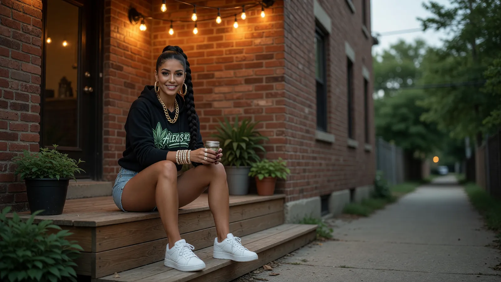 Alexis on the back porch of a Chicago brick two-flat at dusk