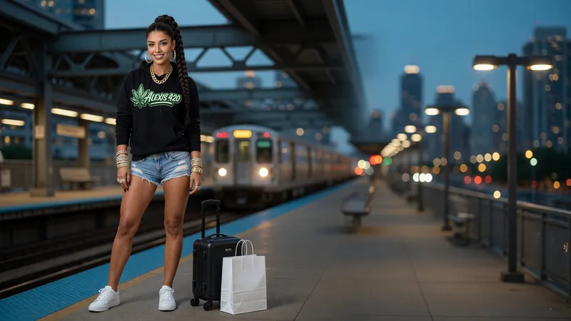 Alexis on an elevated train platform in Chicago with a carry-on and a shopping bag