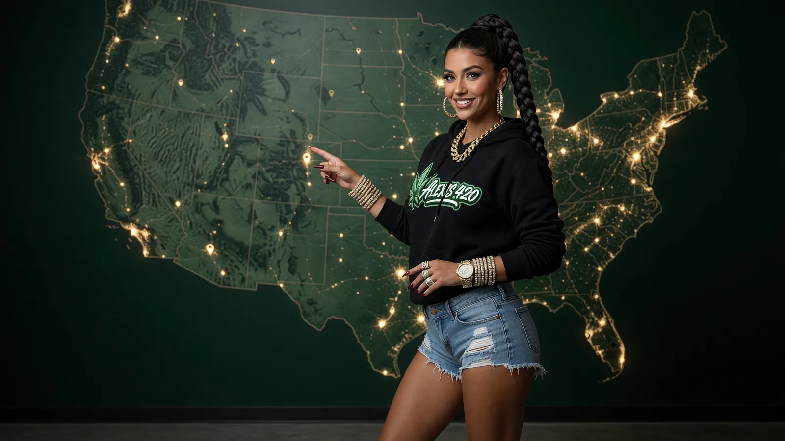 Alexis pointing at a glowing map of the United States