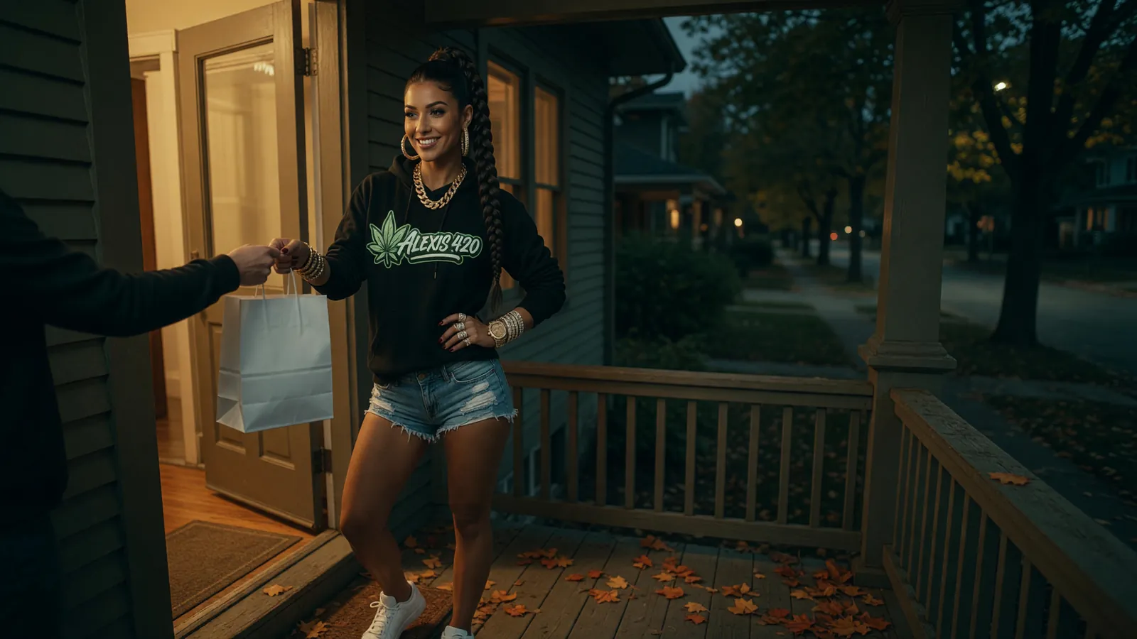 Alexis taking a plain white bag at the door of a Minneapolis craftsman house on an autumn night