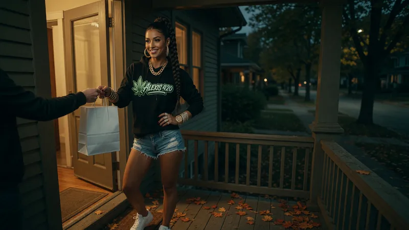Alexis taking a plain white bag at the door of a Minneapolis craftsman house on an autumn night