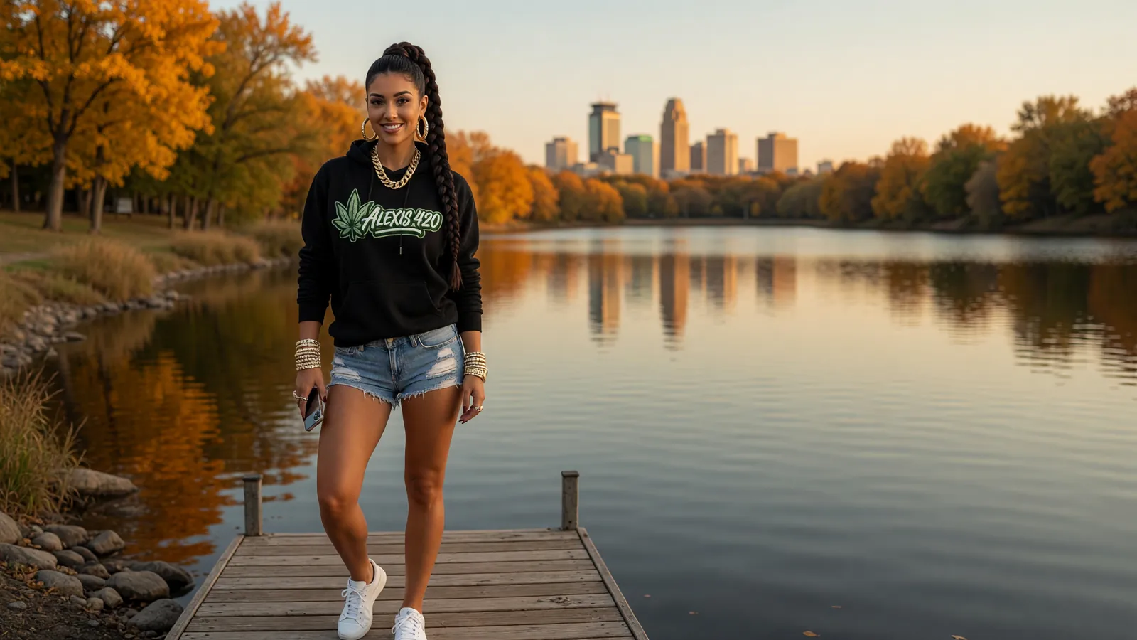 Alexis on a dock at a Minneapolis lake at golden hour with fall trees and the skyline across the water