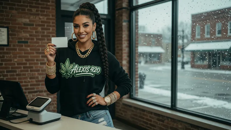 Alexis holding a blank ID card at a brick-walled dispensary check-in desk with snow outside