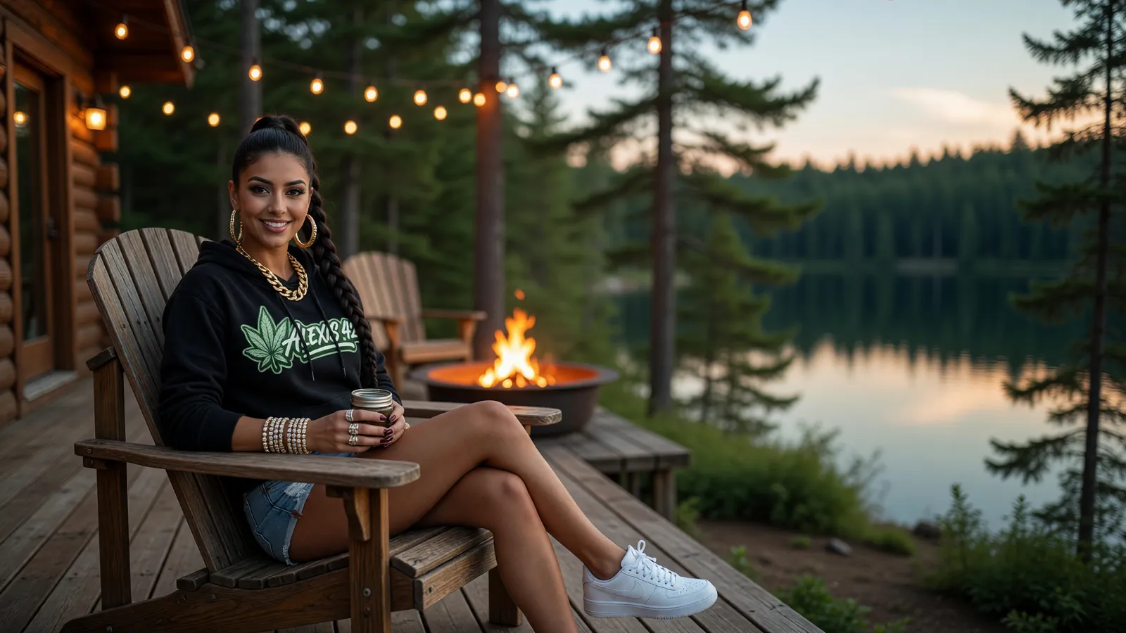 Alexis in an Adirondack chair on a lake cabin deck at dusk with a fire pit glowing