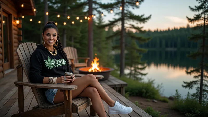 Alexis in an Adirondack chair on a lake cabin deck at dusk with a fire pit glowing
