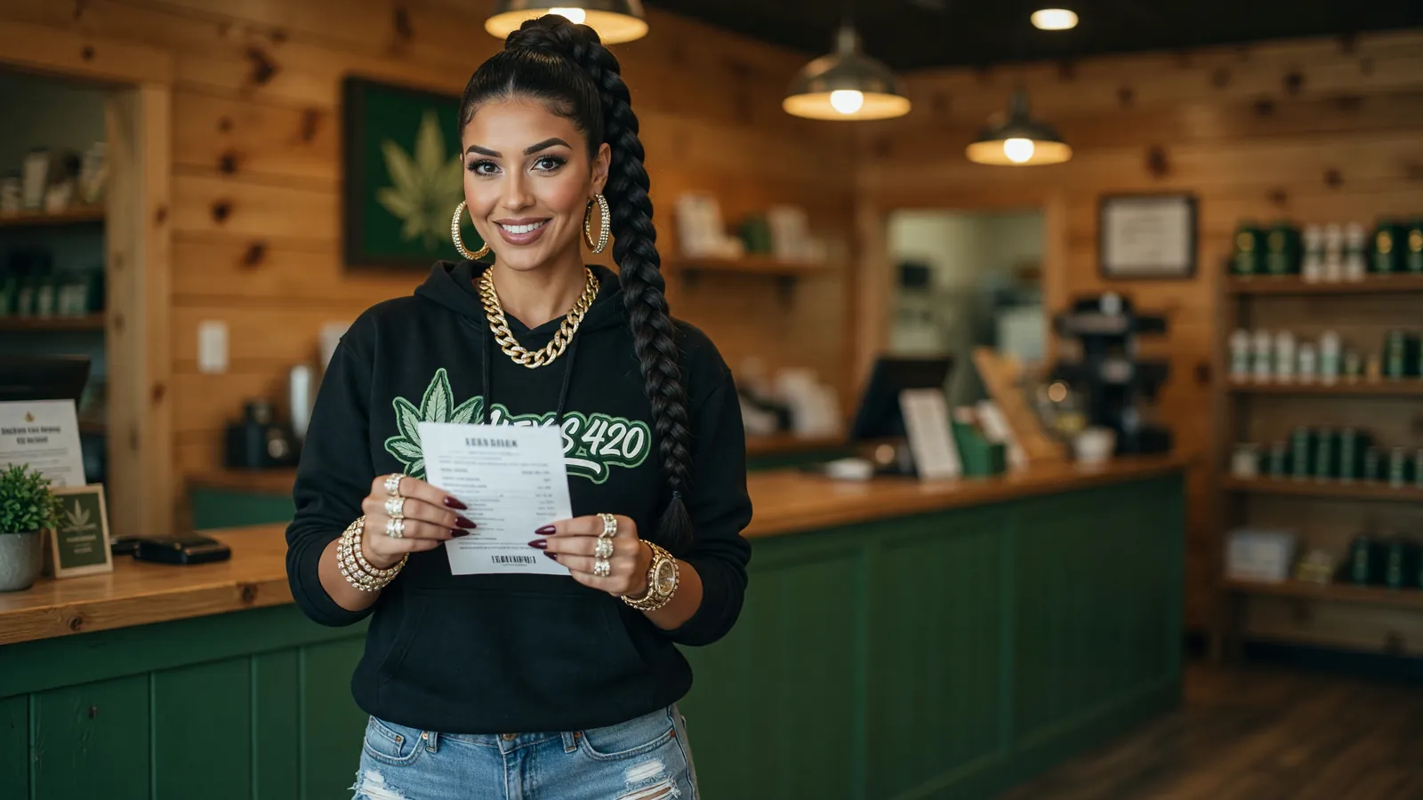 Alexis reading a receipt in a knotty-pine small-town dispensary