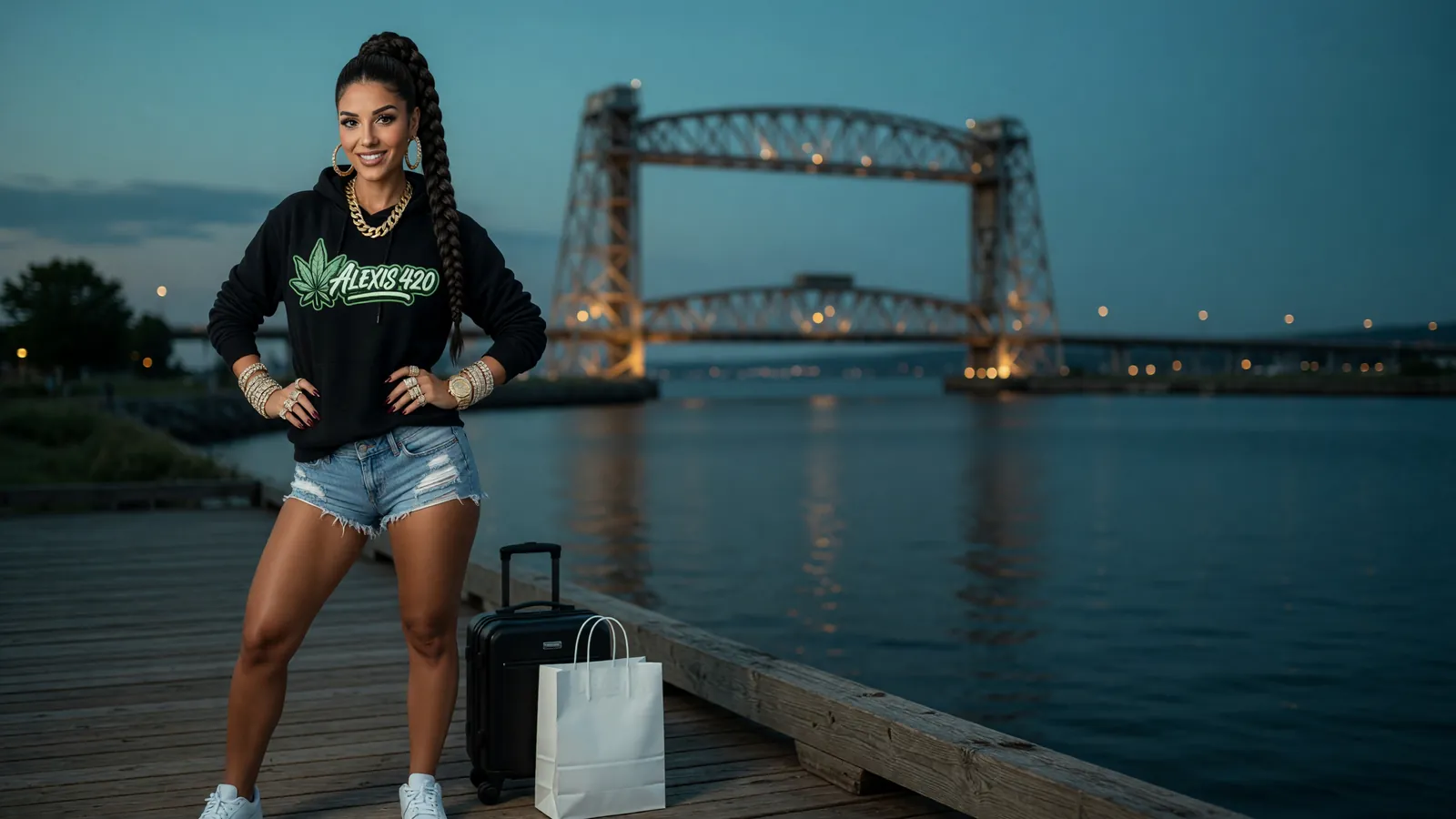 Alexis on the Duluth canal pier at blue hour with the lift bridge lit up behind her