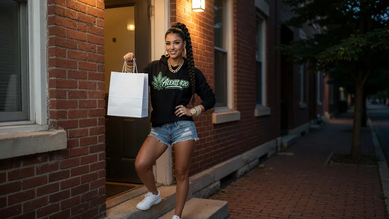 Alexis holding a plain white bag at the door of a red brick St. Louis row house at night