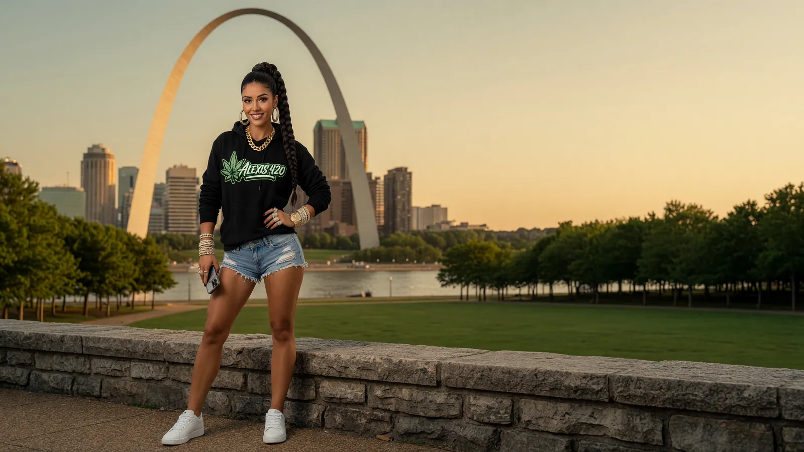 Alexis on the St. Louis riverfront at golden hour with the arch and the skyline behind her