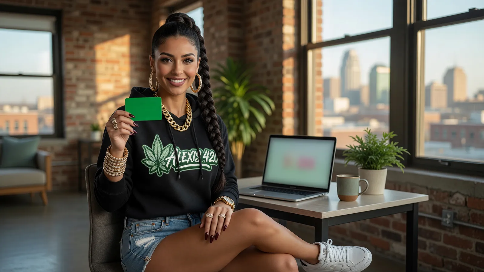 Alexis holding a blank green card in a Kansas City loft with brick walls and the skyline outside