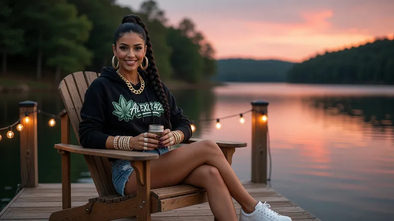 Alexis in an Adirondack chair on a private dock on an Ozarks lake at dusk