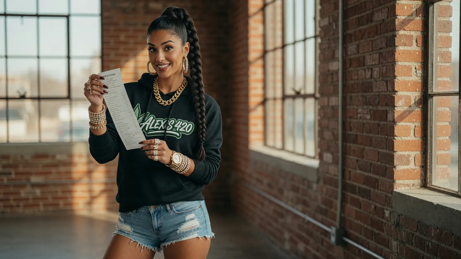 Alexis reading a receipt in a dispensary inside a Kansas City brick warehouse