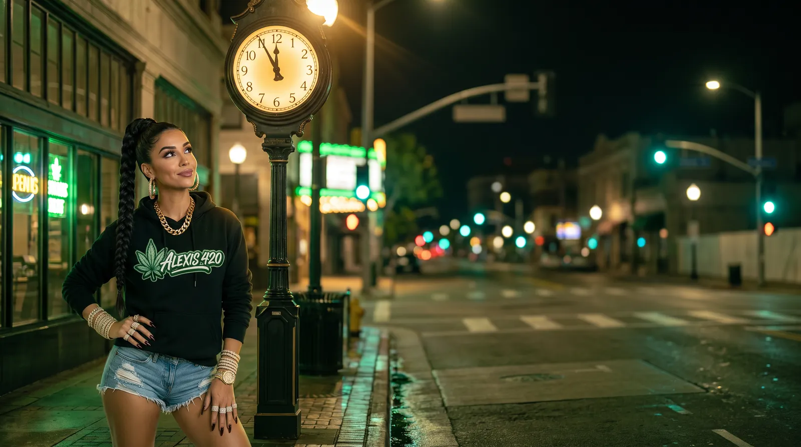 Alexis under a glowing street clock at ten to midnight