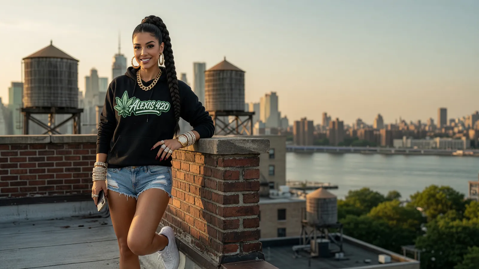 Alexis on a Brooklyn rooftop at golden hour with water towers and the Manhattan skyline behind her