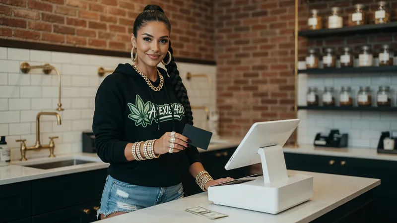 Alexis holding a plain card above a card reader at a brick and subway-tile dispensary counter