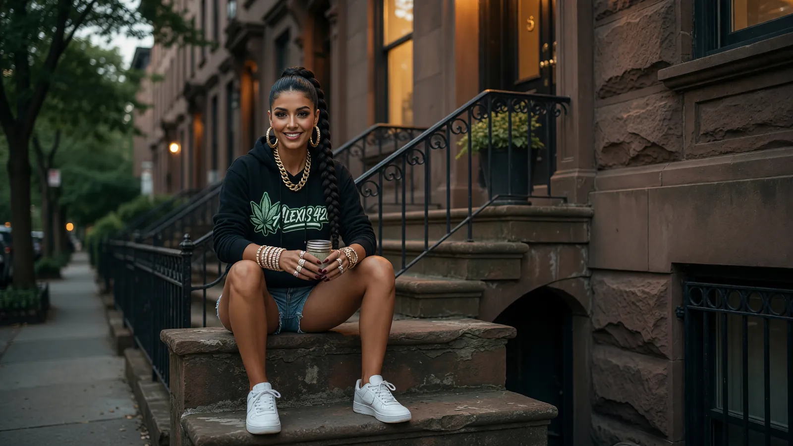 Alexis sitting on the stoop of a Brooklyn brownstone at dusk