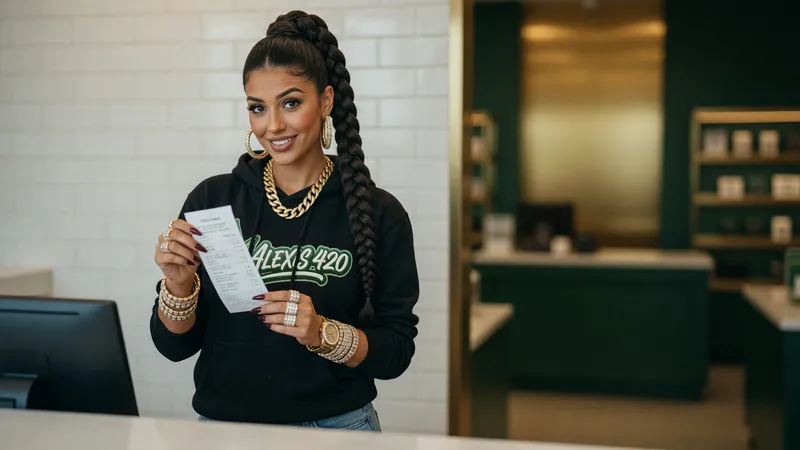 Alexis reading a receipt at a white subway-tile dispensary counter