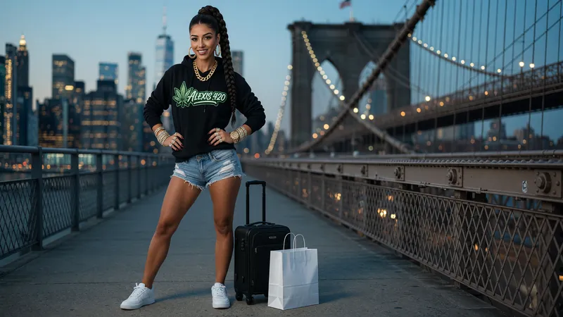 Alexis on a New York suspension bridge walkway at blue hour with a carry-on and a shopping bag