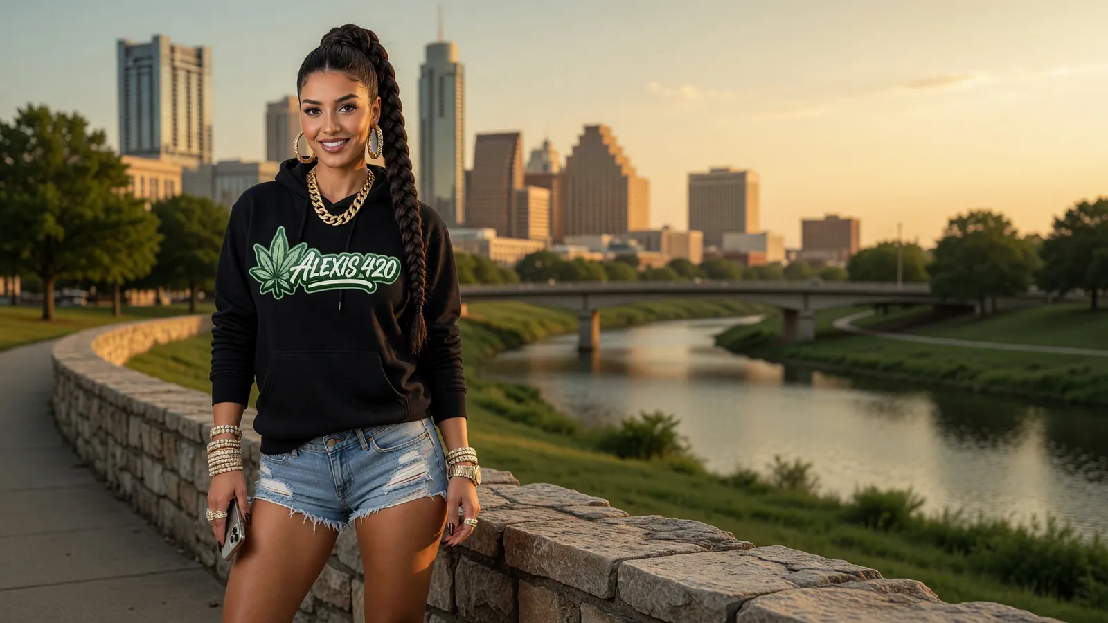 Alexis by the Scioto River in Columbus at golden hour with the skyline and a bridge behind her