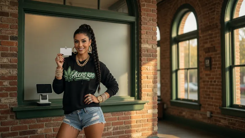 Alexis holding a blank ID card at a dispensary check-in window in a brick storefront with arched windows
