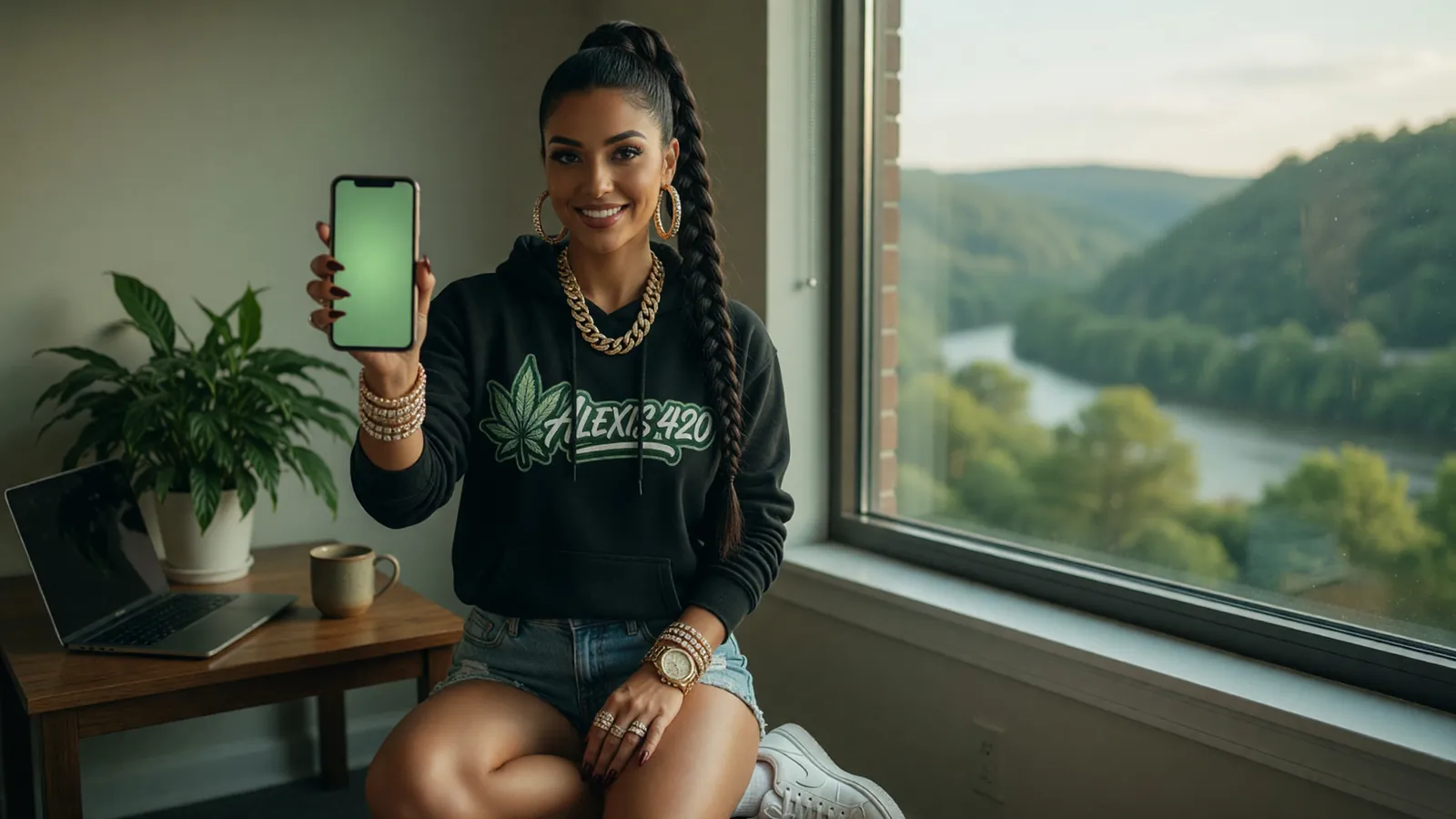 Alexis holding up her phone in a Cincinnati hillside apartment with a river valley outside