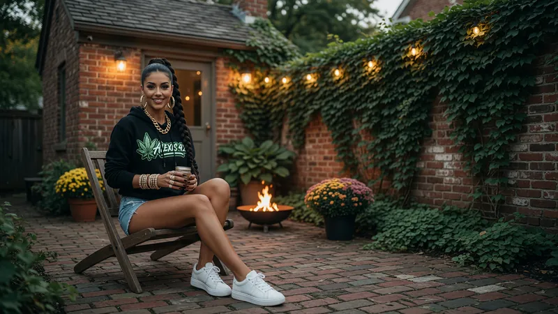 Alexis in a wooden chair on the brick patio of a small Ohio cottage at dusk with ivy and string lights