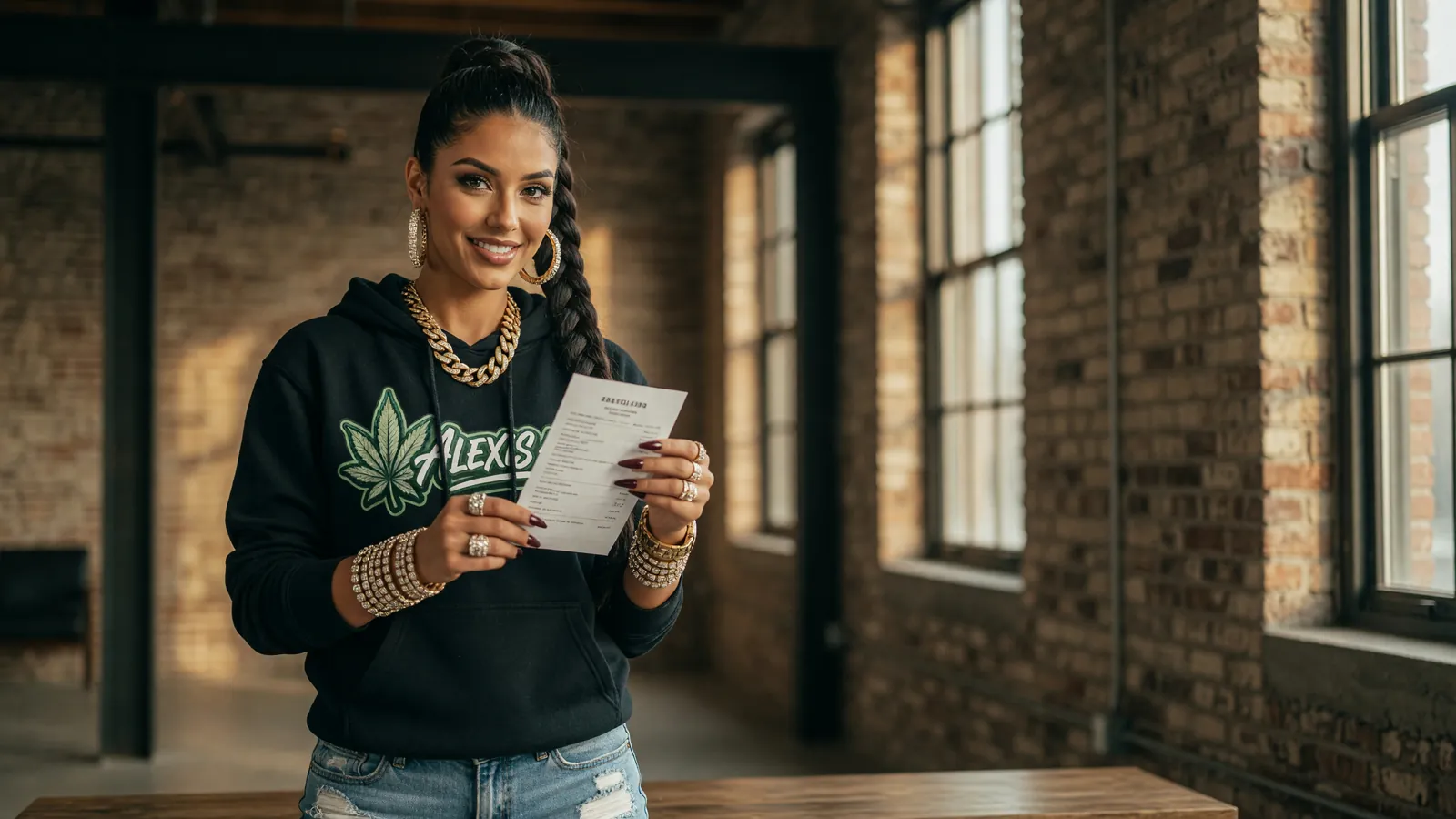 Alexis reading a receipt in a dispensary inside an old Cleveland brick warehouse