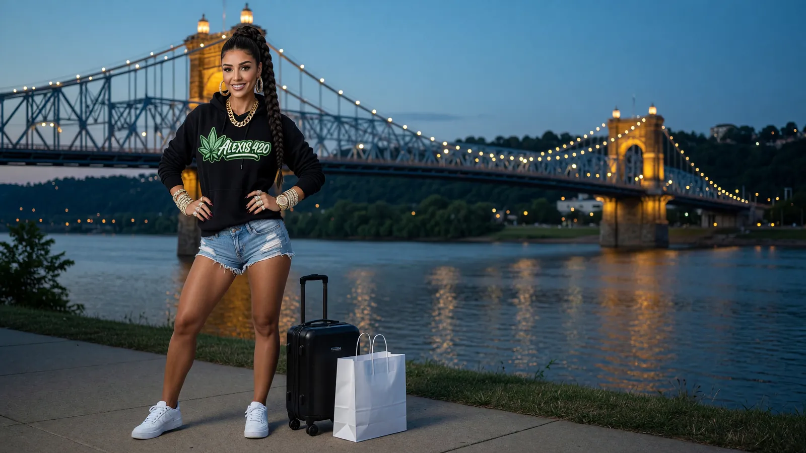 Alexis with a carry-on suitcase on the Cincinnati riverfront at blue hour with a lit suspension bridge to Kentucky