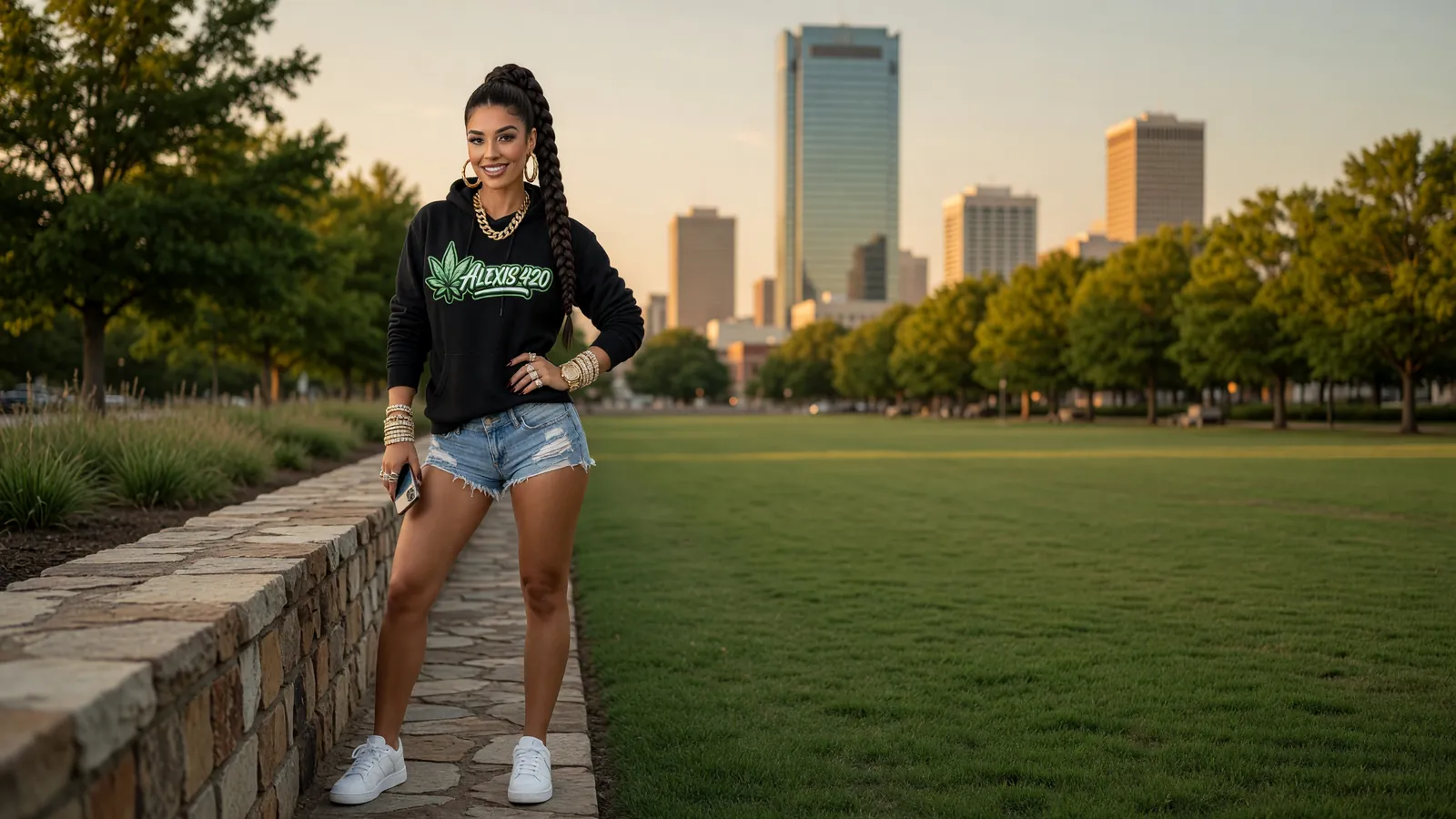 Alexis in a downtown Oklahoma City park at golden hour with the skyline behind her