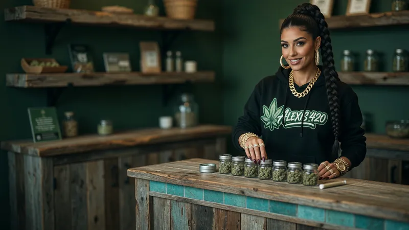Alexis touching a row of small glass jars of flower on a barn wood counter with turquoise tile