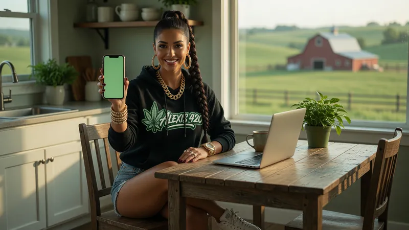Alexis holding up a phone with a green screen at a farmhouse table with a red barn outside