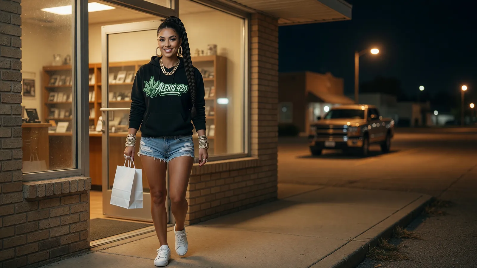 Alexis walking out of a small-town dispensary at night with a plain white bag