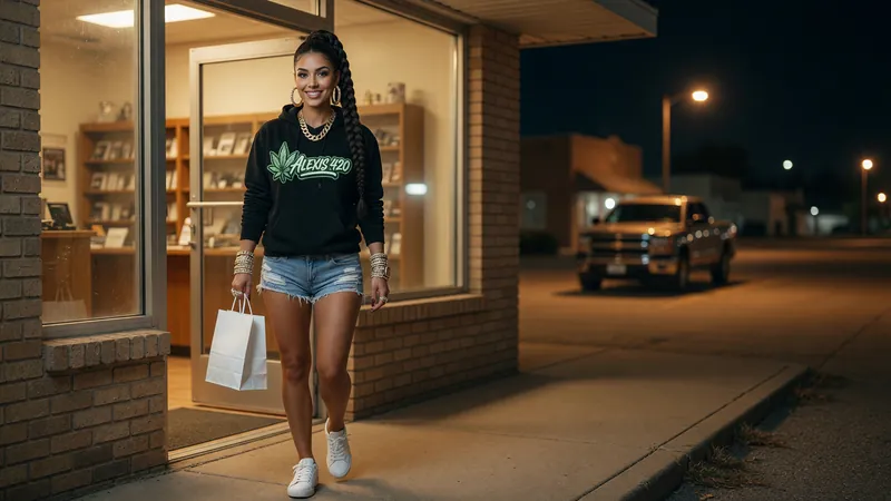 Alexis walking out of a small-town dispensary at night with a plain white bag