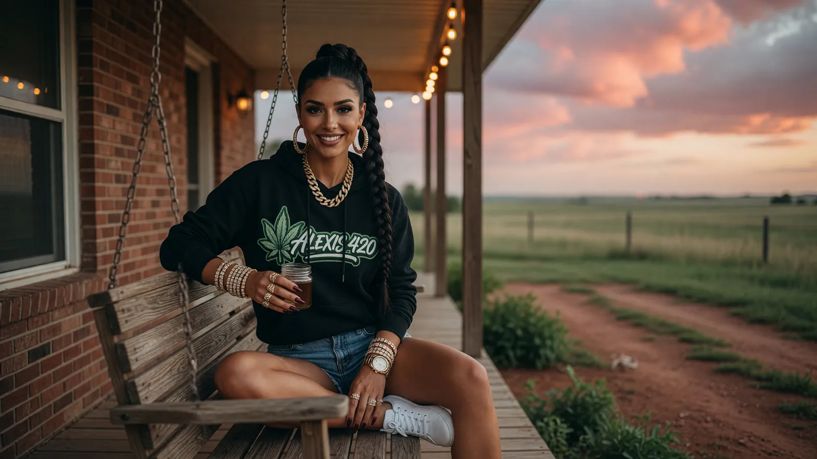 Alexis on a porch swing behind a red brick ranch house on the prairie at dusk