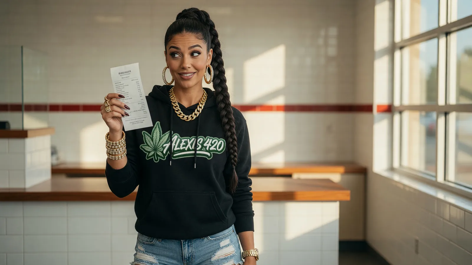 Alexis reading a receipt in a bright dispensary with white tile walls and a red stripe