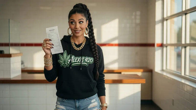 Alexis reading a receipt in a bright dispensary with white tile walls and a red stripe
