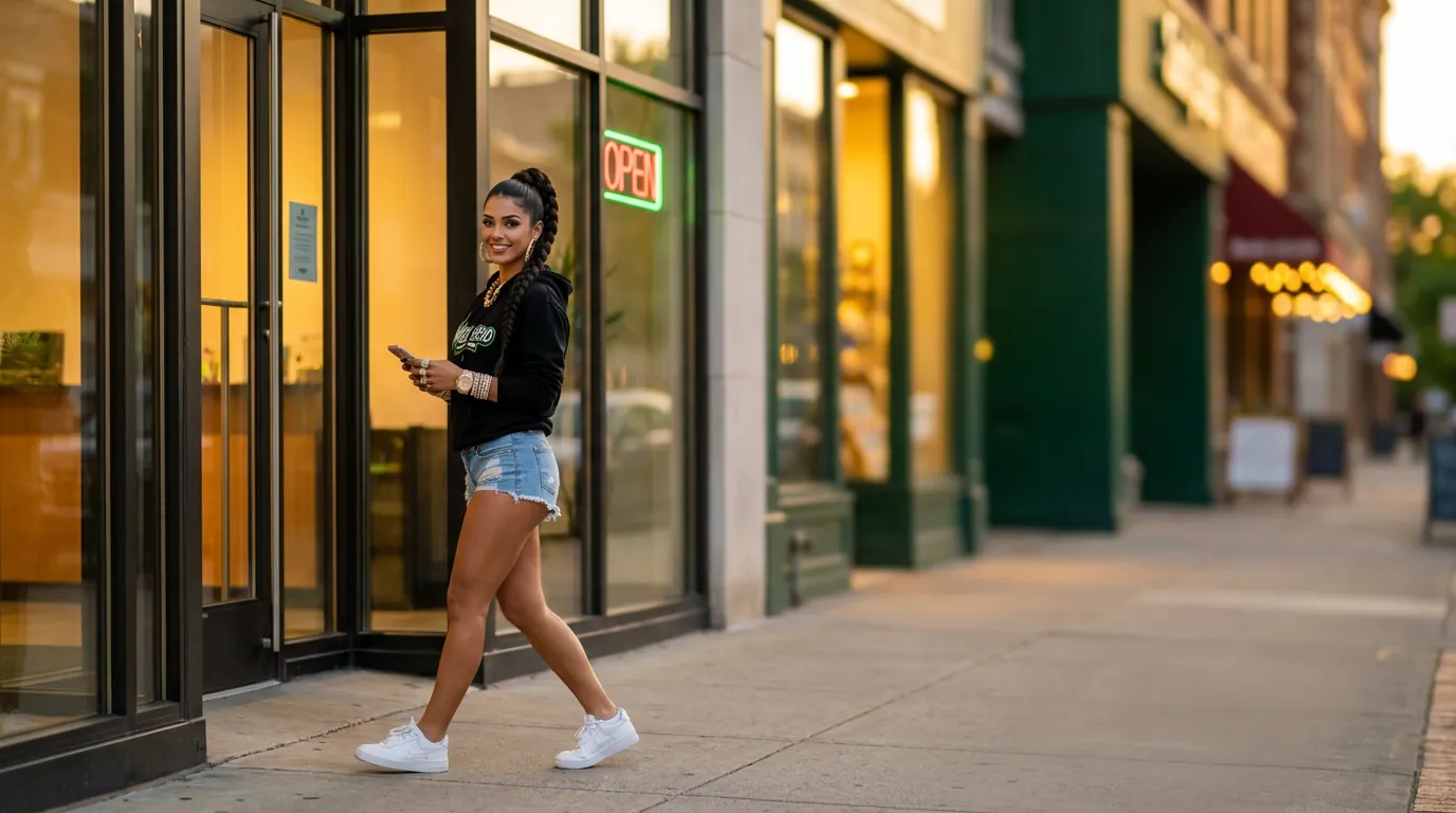 Alexis walking toward a dispensary with an Open sign at golden hour