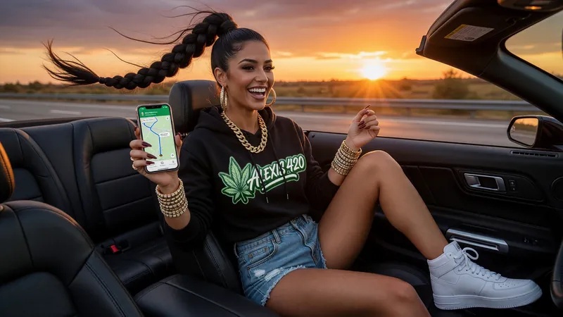 Alexis in a convertible at sunset holding up her phone