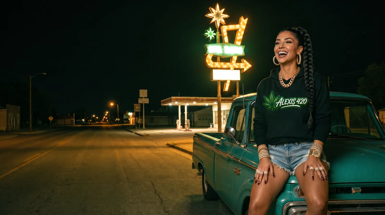 Alexis laughing on the hood of a vintage pickup under a neon roadside sign at night
